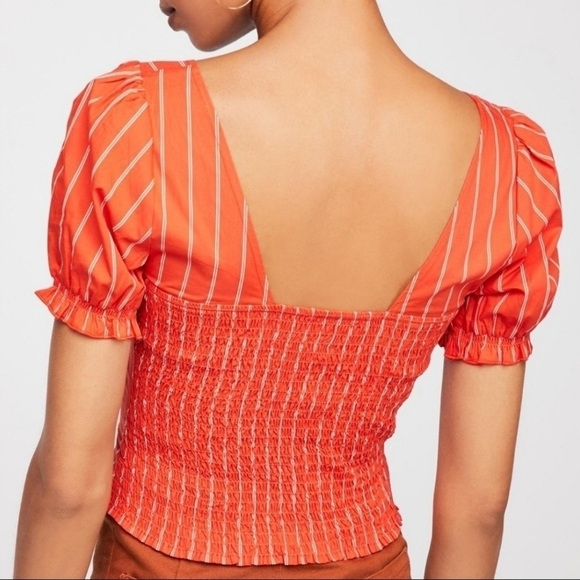 Free People Rose Garden Puff Sleeve Crop Top Womens Size M Orange & White Stripe - Picture 2 of 10